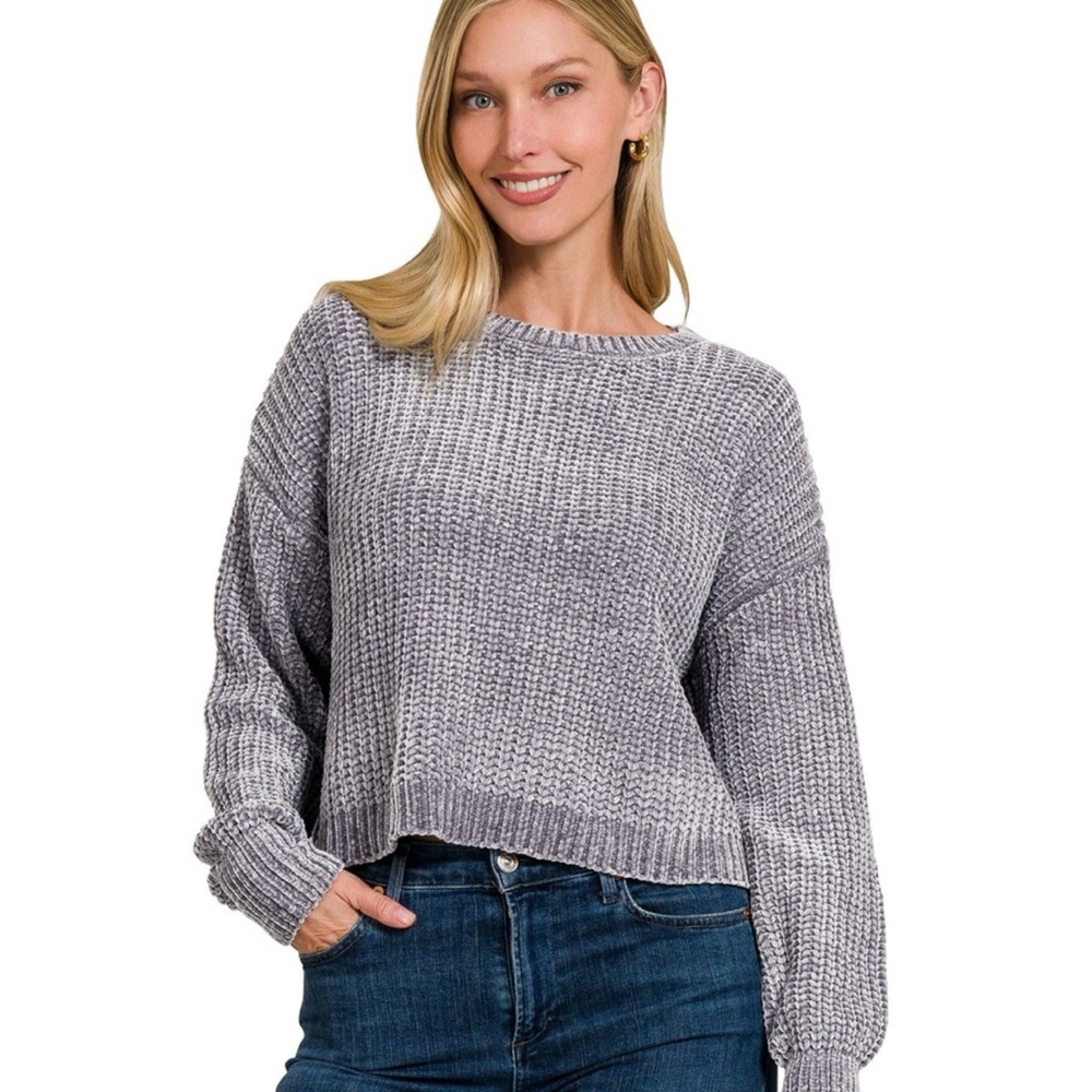 Zenana Chenille Round Neck Crop Sweater Heather Grey